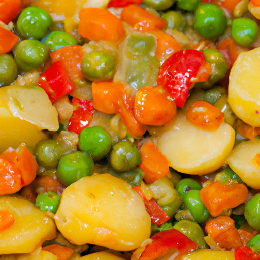 A colorful and hearty vegetable stew filled witha variety of vegetables such as carrots, potatoes, bell peppers, and peas.