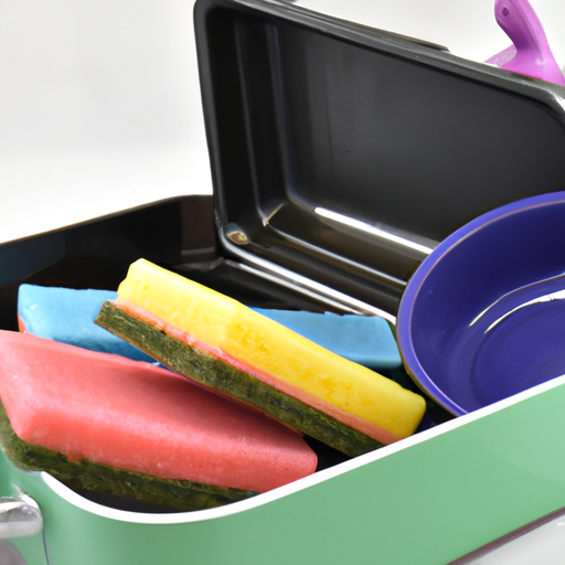 A set of non-stick cookware with vibrant colors and a soft sponge.