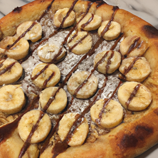 A delectable dessert pizza topped with Nutella, sliced bananas, and a sprinkle of powdered sugar.